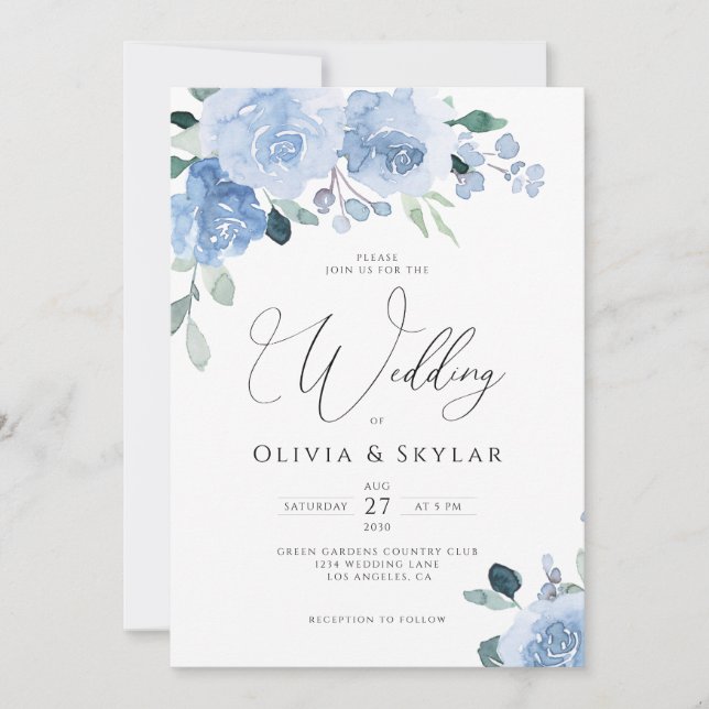 Botanical Floral Dusty Blue All In One Wedding Invitation (Front)