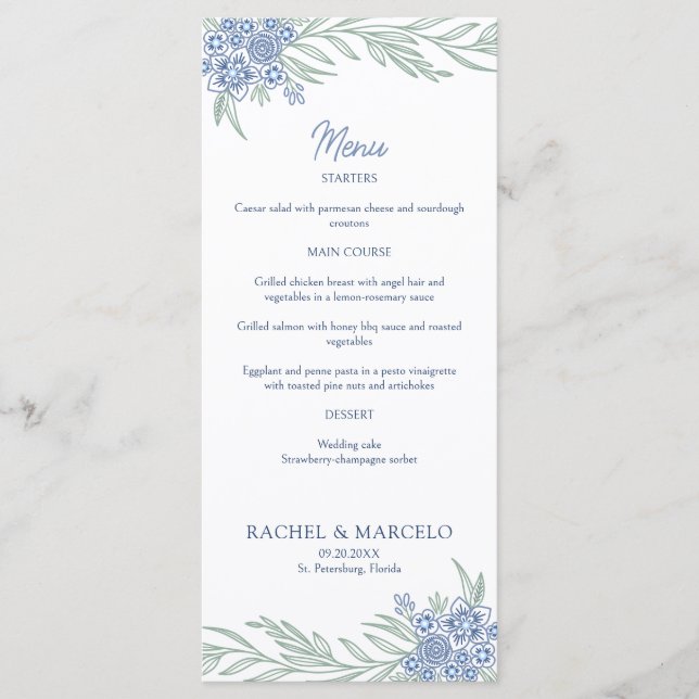 Botanical Floral Dusty Blue Navy Wedding Menu (Front)
