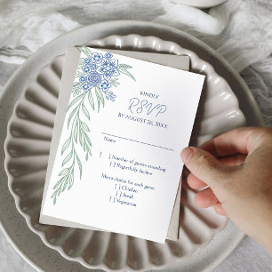 Botanical Floral Dusty Blue Navy Wedding RSVP Card