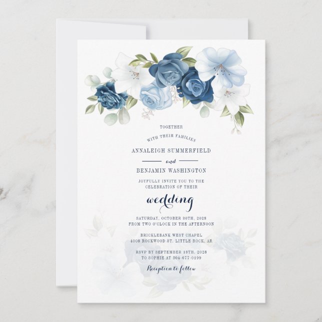 Botanical Floral Dusty Blue Script Wedding Invitation (Front)