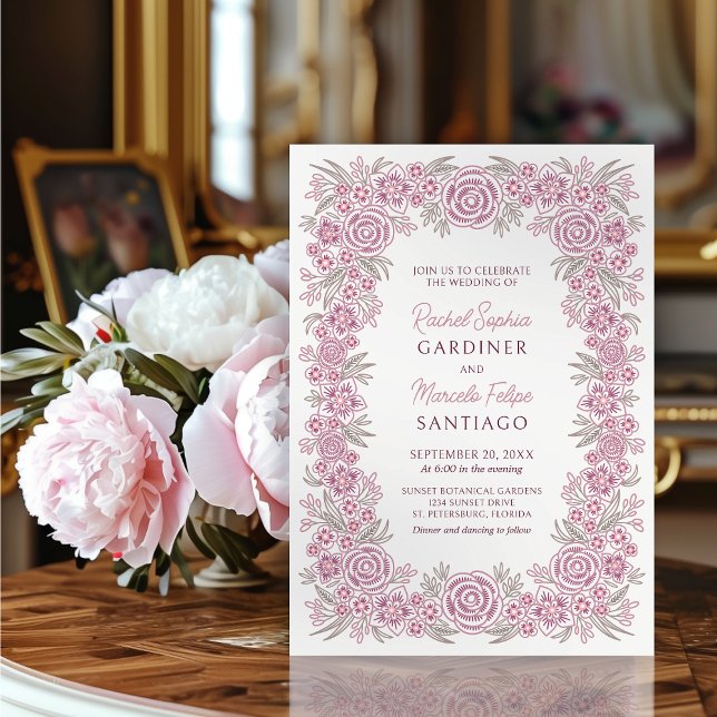 Botanical Floral Dusty Rose Blush Burgundy Wedding Invitation (Creator Uploaded)