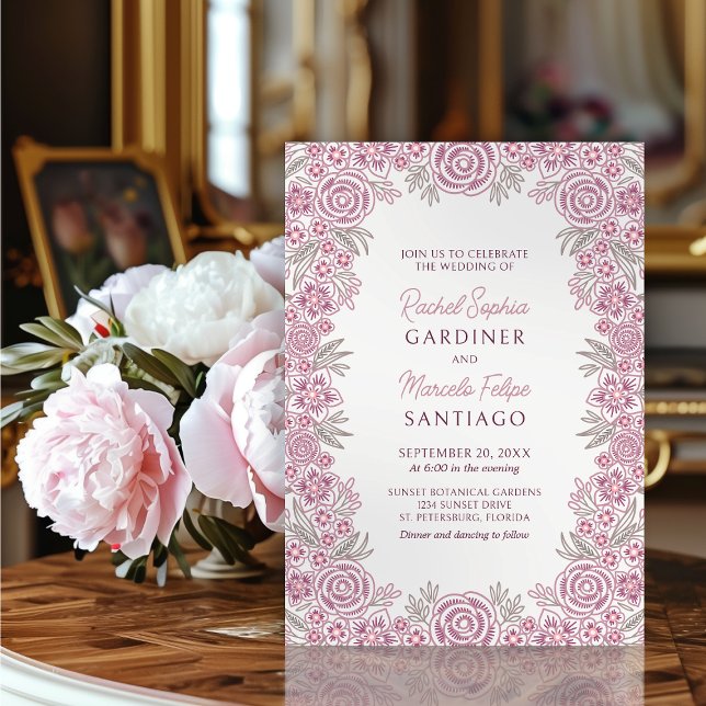 Botanical Floral Dusty Rose Blush Burgundy Wedding Invitation (Creator Uploaded)