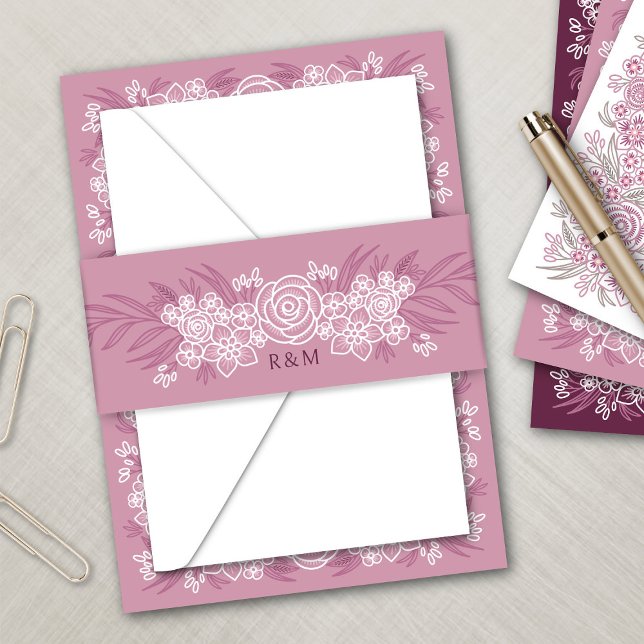 Botanical Floral Dusty Rose Blush Burgundy Wedding Invitation Belly Band (Creator Uploaded)