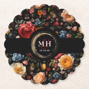 Botanical Floral Dutch Baroque Wedding Monogram Paper Coaster