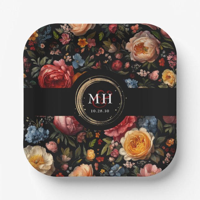Botanical Floral Dutch Baroque Wedding Monogram Paper Plate (Front)
