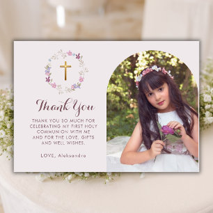 Botanical Floral First Holly Communion Arch Photo Thank You Card