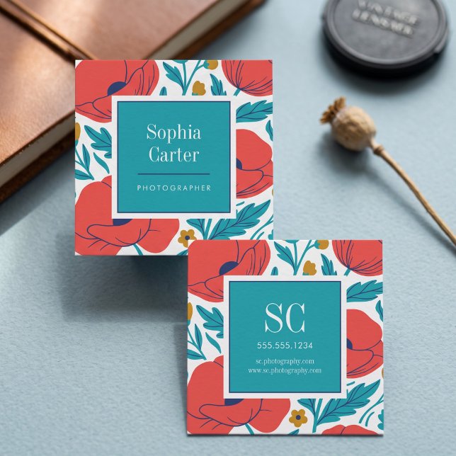 Botanical Floral Frame Square Business Card (Simulated business cards on table)