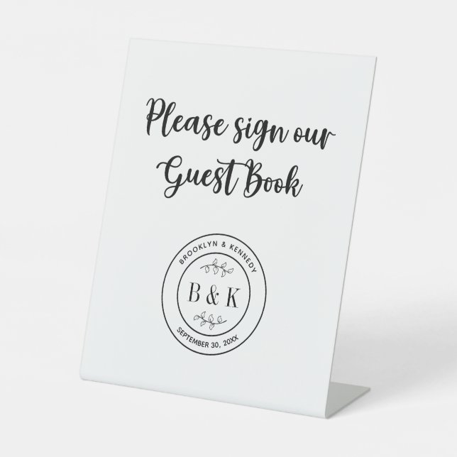 Botanical Floral Fun Monogram Wedding Guest Book Pedestal Sign (Front)