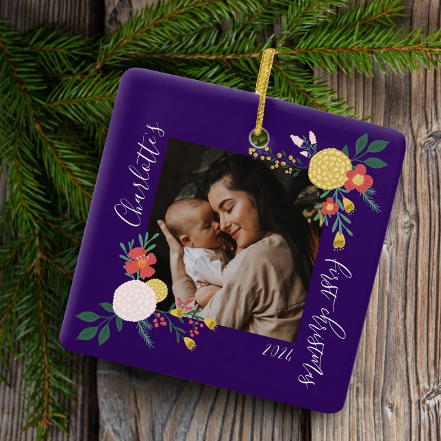 Botanical Floral Garden Elegant Photo Frame Purple Ceramic Ornament (Botanical Floral Garden Elegant Photo Frame Purple Ceramic Ornament)