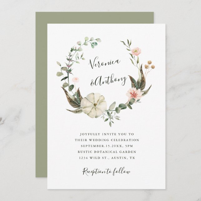 Botanical Floral Garden Elegant Wreath Wedding Invitation (Front/Back)