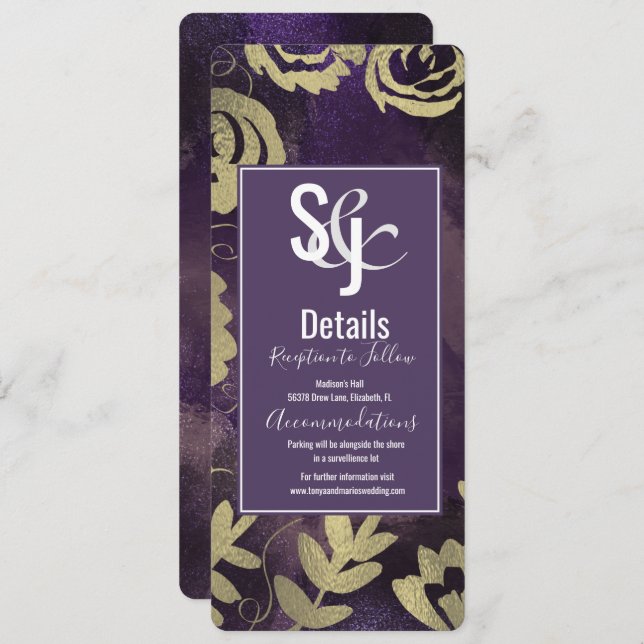 Botanical Floral Garden Rose Gold Purple Wedding Invitation (Front/Back)