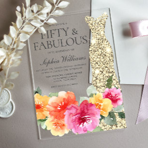 Botanical Floral Gold Dress 50th Birthday Party Acrylic Invitations