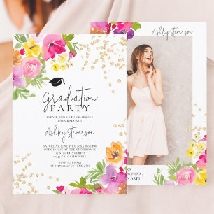 Botanical floral Gold glitter photo graduation Invitation