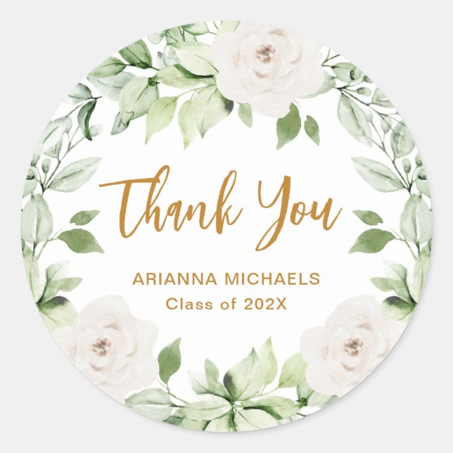 Botanical Floral Graduation Thank You Script Classic Round Sticker (Front)