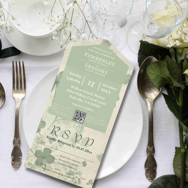 Botanical Floral Green Chartreuse Irish QR Code  All In One Invitation (Creator Uploaded)