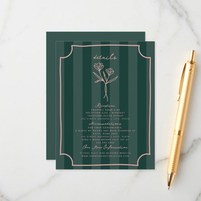 Botanical Floral Green Stripe Wedding Details Enclosure Card (Front/Back In Situ)