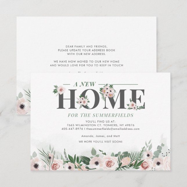 Botanical Floral Greenery Pink Moving Address Announcement (Front/Back)