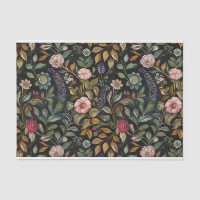 Botanical Floral Illustrations on Dark Background Tissue Paper (Front)