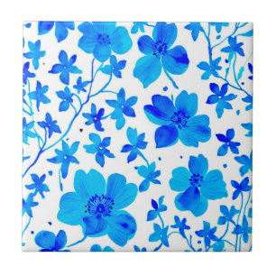 Botanical Floral in Deep Blue and White  Ceramic Tile