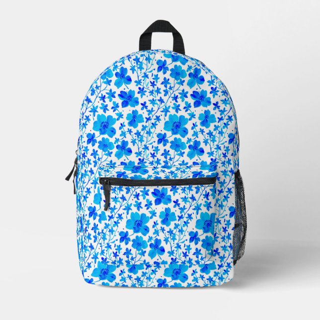 Botanical Floral in Deep Blue and White Printed Backpack (Front)