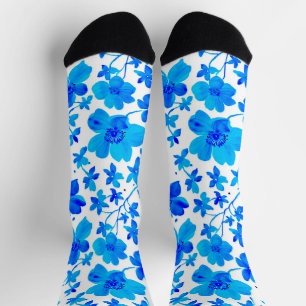 Botanical Floral in Deep Blue and White  Socks