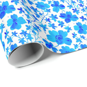 Botanical Floral in Deep Blue and White  Wrapping Paper