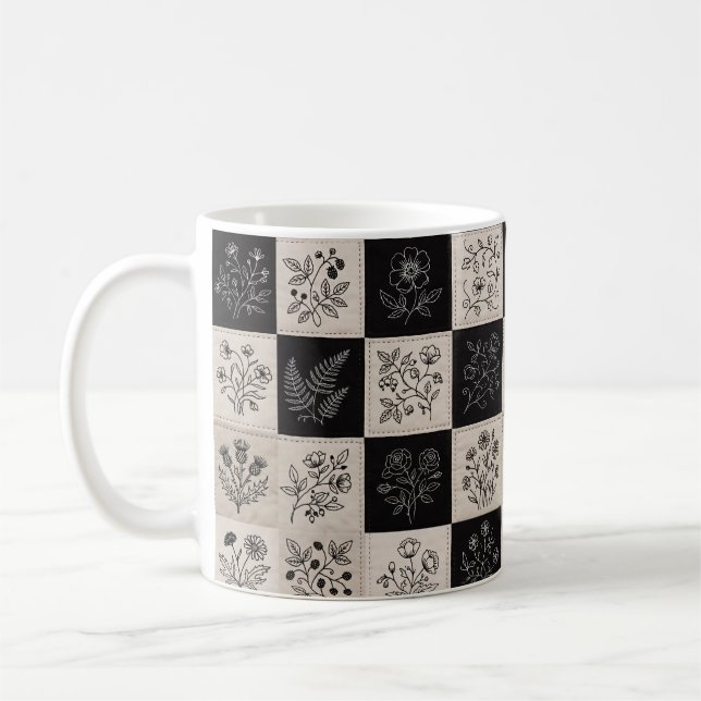Botanical Floral Leather Look Patchwork Stitched  Coffee Mug (Left)