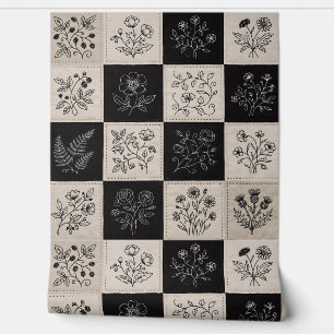 Botanical Floral Leather Look Patchwork Stitched Wallpaper