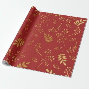 Botanical Floral Leaves Faux Gold Foil Maroon Red Wrapping Paper