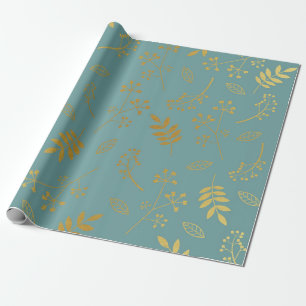Botanical Floral Leaves Faux Gold Foil Slate Blue Wrapping Paper
