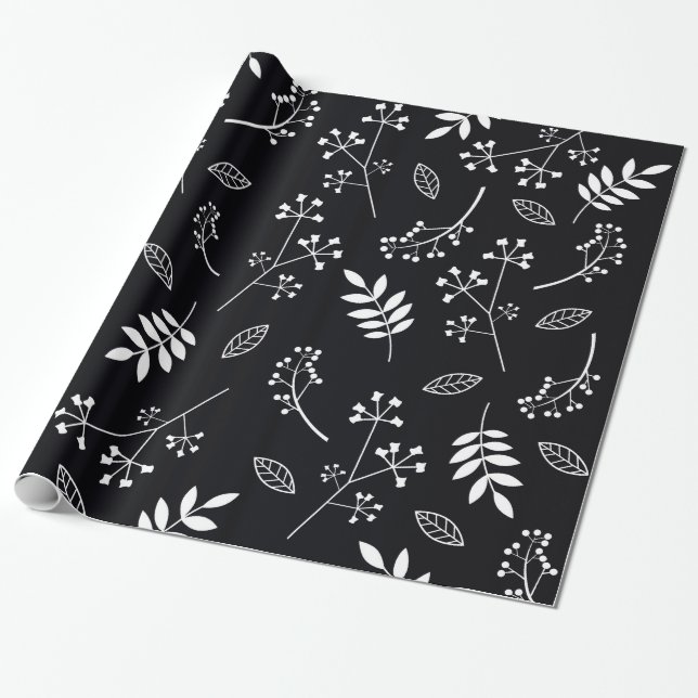 Botanical Floral Leaves Greenery White and Black Wrapping Paper (Unrolled)