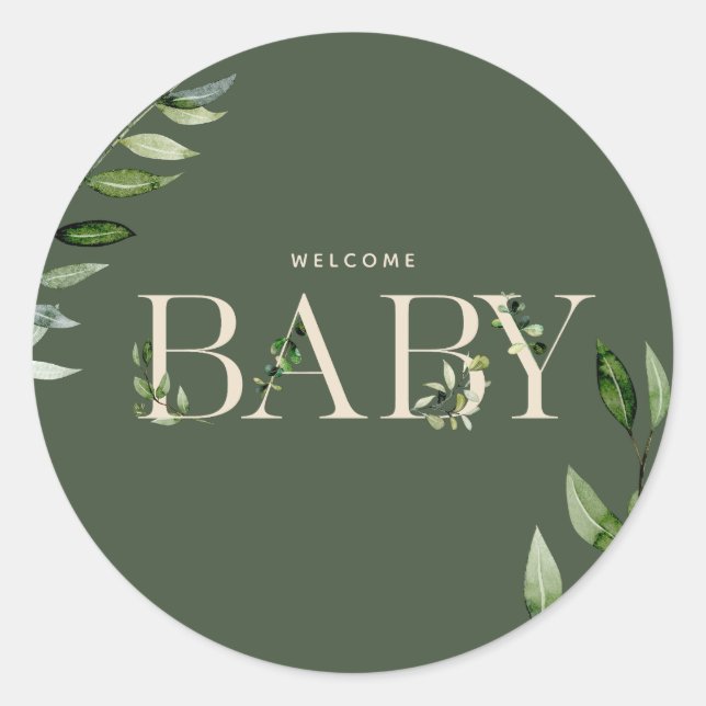 Botanical Floral Lettering Green Beige Baby Classic Round Sticker (Front)