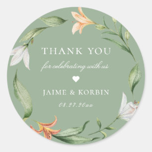 Botanical Floral Lily Wreath Sage Wedding Favour Classic Round Sticker