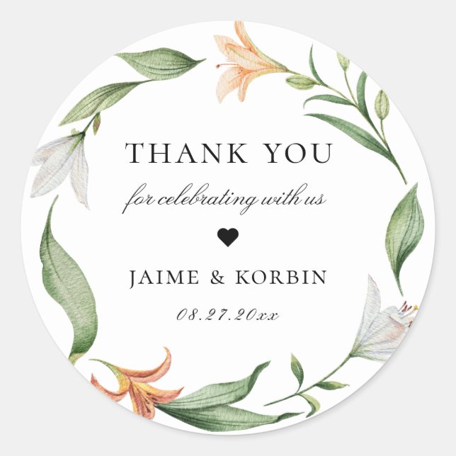 Botanical Floral Lily Wreath Wedding Favour Classic Round Sticker (Front)