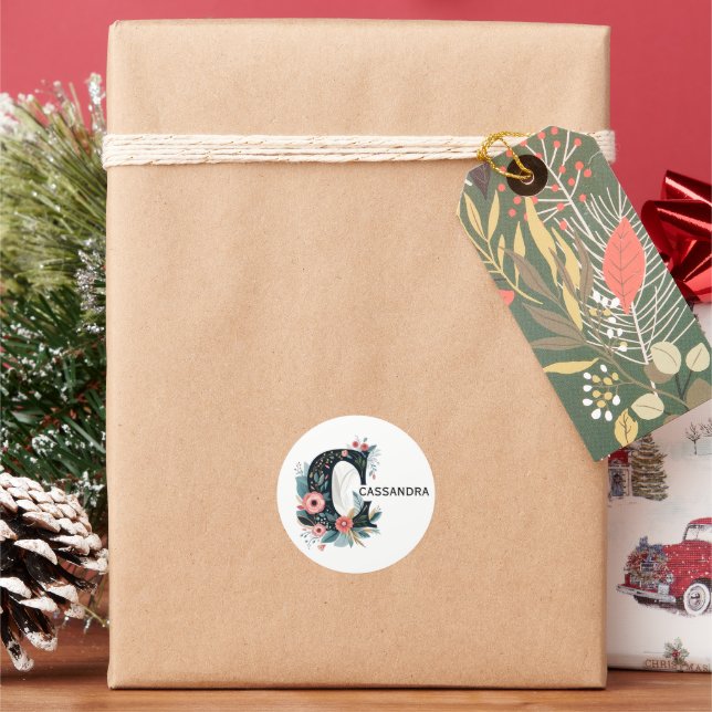 Botanical Floral Monogram Letter C Personalizable Classic Round Sticker (Holiday)