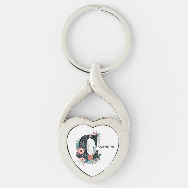 Botanical Floral Monogram Letter C Personalizable Key Ring (Front)