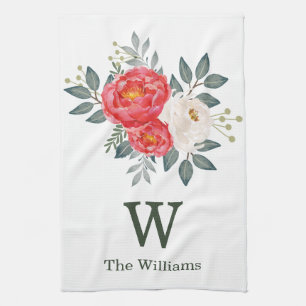 Botanical Floral Monogram / Red & White Flowers Tea Towel