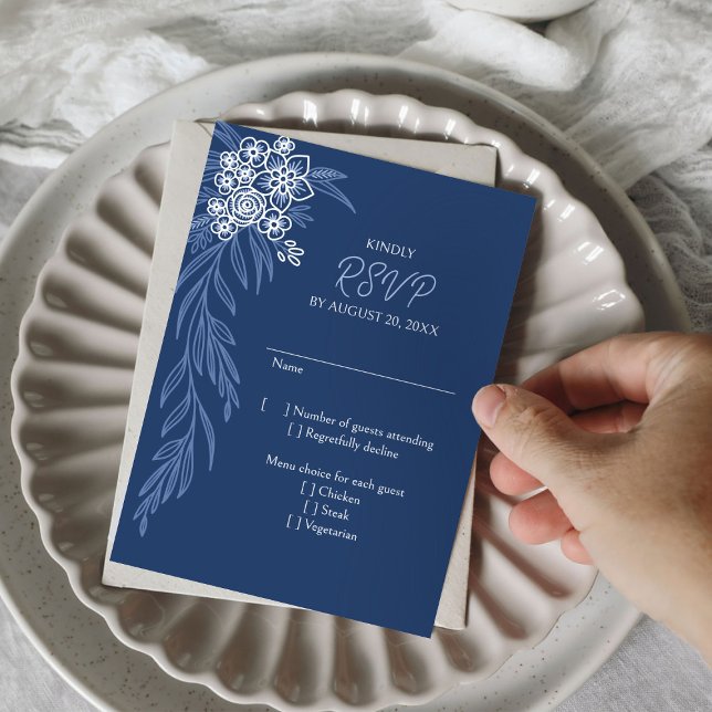 Botanical Floral Navy Dusty Blue Wedding RSVP Card (Creator Uploaded)