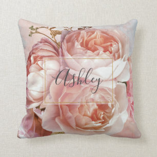 BOTANICAL FLORAL PEONY Name Monogram Cushion