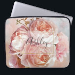 BOTANICAL FLORAL PEONY Name Monogram Laptop Sleeve<br><div class="desc">BOTANICAL FLORAL PEONY Name Monogram computer sleeve - Perserve your computer in style with this gorgeous design featuring a beautiful bouquet of pink roses and peony, over a beautiful pink and blue watercolor background. An elegant, white screened layer bordered by an inner faux gold leaf stroke frames the name, in...</div>