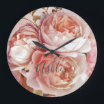 BOTANICAL FLORAL PEONY Name Monogram Large Clock<br><div class="desc">BOTANICAL FLORAL PEONY Name Monogram Large Wall Clock - Decorate your home in style with this gorgeous wall clock featuring a beautiful bouquet of pink roses and peony, over a beautiful pink and blue watercolor background. An elegant, white screened layer bordered by an inner faux gold leaf stroke frames the...</div>