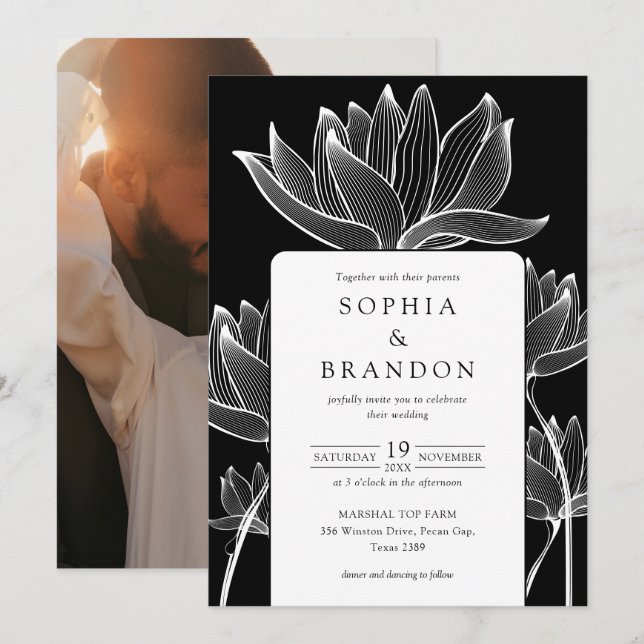 Botanical Floral Photo Black And White Wedding Invitation (Front/Back)