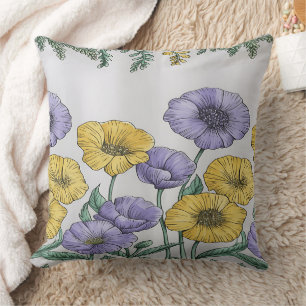 Botanical Floral Pillowcase – Purple & Yellow Hand Cushion