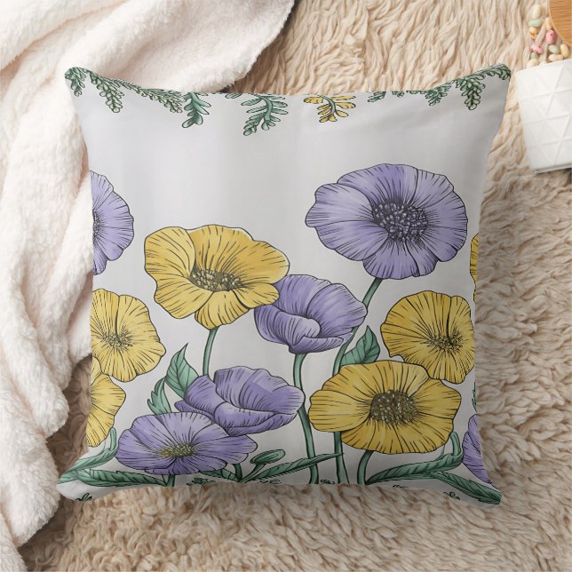 Botanical Floral Pillowcase – Purple & Yellow Hand Cushion (Blanket)