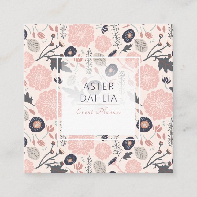 Botanical Floral Pink Grey Black Flowers Square Business Card (Front)