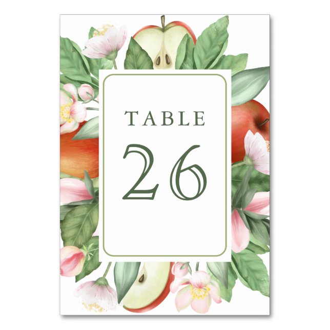 Botanical Floral Red Apple Orchard Wedding Table Number (Front)