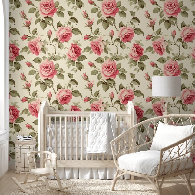 Botanical Floral Roses Pattern Wallpaper (Kids)