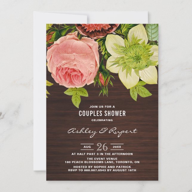Botanical Floral Rustic Wood Couples Shower Invitation (Front)