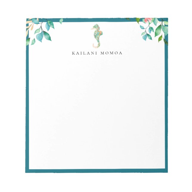 Botanical Floral Seahorse Logo Blue Frame Notepad (Front)