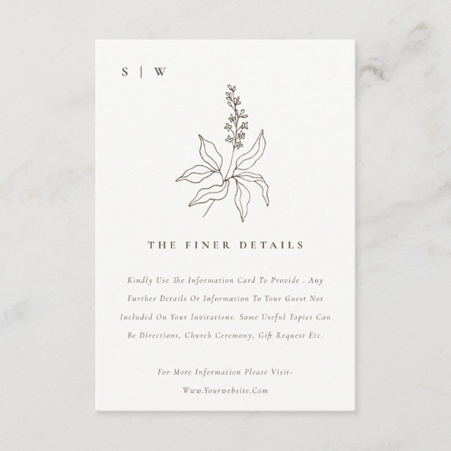 Botanical Floral Sketch Monogram Wedding Details Enclosure Card (Front)